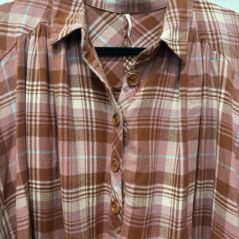 Free People Zoey Plaid Shirt Dress in Pink and Brown Sz XS - Picture 4 of 7